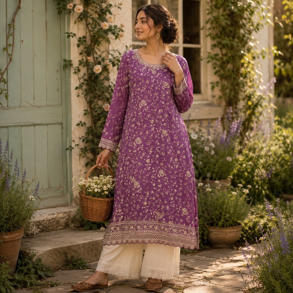 PinkPhulkari Purple Embroidered‎ Sequin Kurta Tunic Dress Large NWT